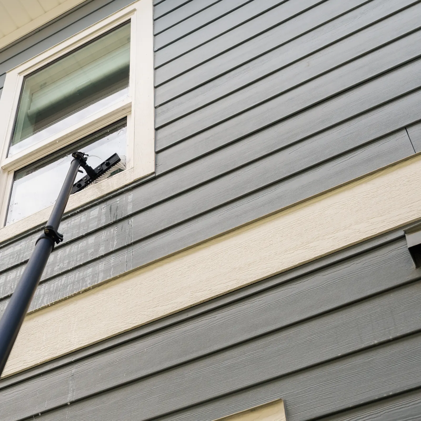 Water-fed pole brush scrubbing and rinsing elevated window glass